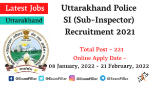 Uttarakhand Police SI (Sub-Inspector) Recruitment 2021