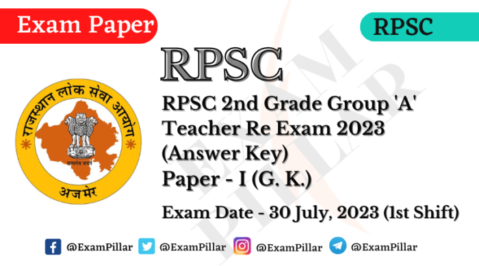 RPSC 2nd Grade Teacher Re Exam 30 July 2023 (Answer Key)