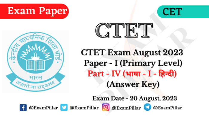 CTET Exam 20 Aug 2023 Paper I (Lag I - Hindi) Answer Key