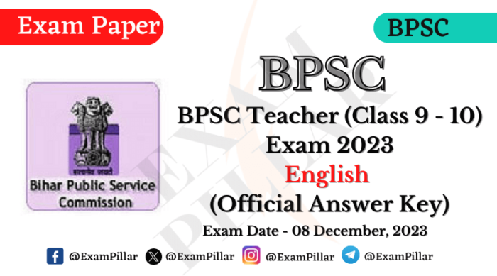 BPSC School Teacher Exam (Class 9-10) English – 08 Dec 2023 (Official Answer Key)